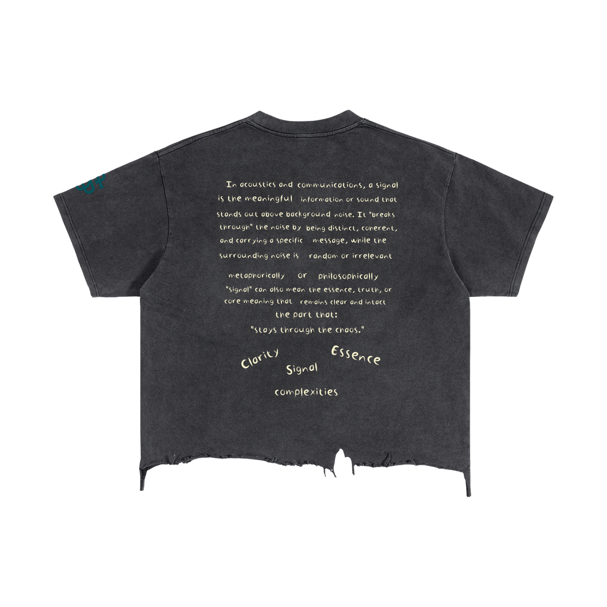 Unisex Vintage Washed Cotton T-Shirt, Boxy Loose Fit, Distressed Raw Hem, Drop Shoulder shown from the back with text graphic design