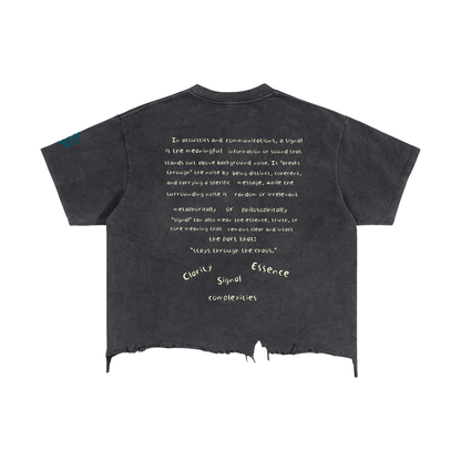 Unisex Vintage Washed Cotton T-Shirt, Boxy Loose Fit, Distressed Raw Hem, Drop Shoulder shown from the back with text graphic design