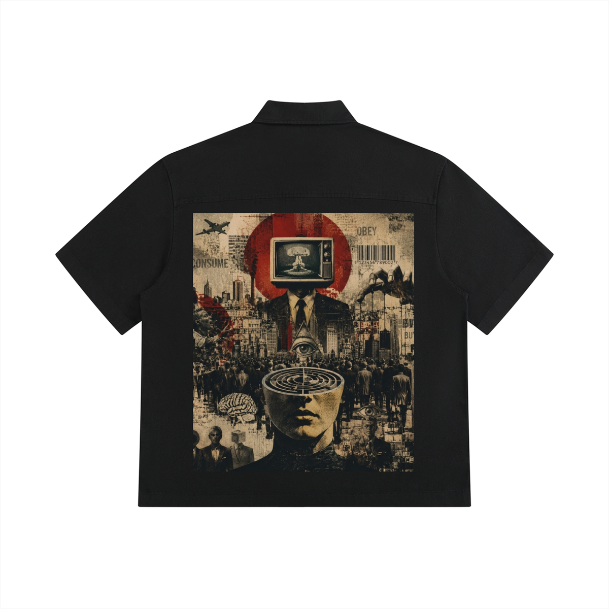 Unisex Resist 100% Cotton Oversized Drop-Shoulder Short Sleeve Shirt With Patch Pocket, black back view with large graphic print