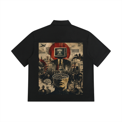 Unisex Resist 100% Cotton Oversized Drop-Shoulder Short Sleeve Shirt With Patch Pocket, black back view with large graphic print