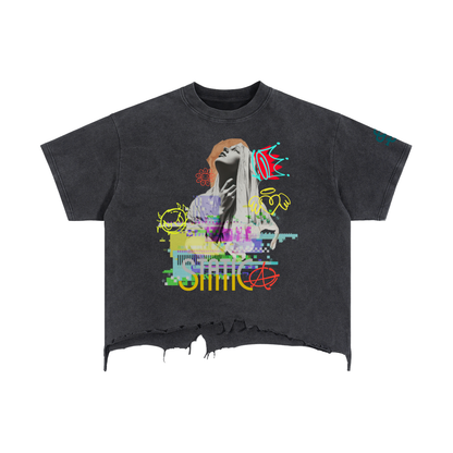 Unisex Vintage Washed Cotton T-Shirt, Boxy Loose Fit, Distressed Raw Hem, Drop Shoulder shown from the front with colorful graphic print