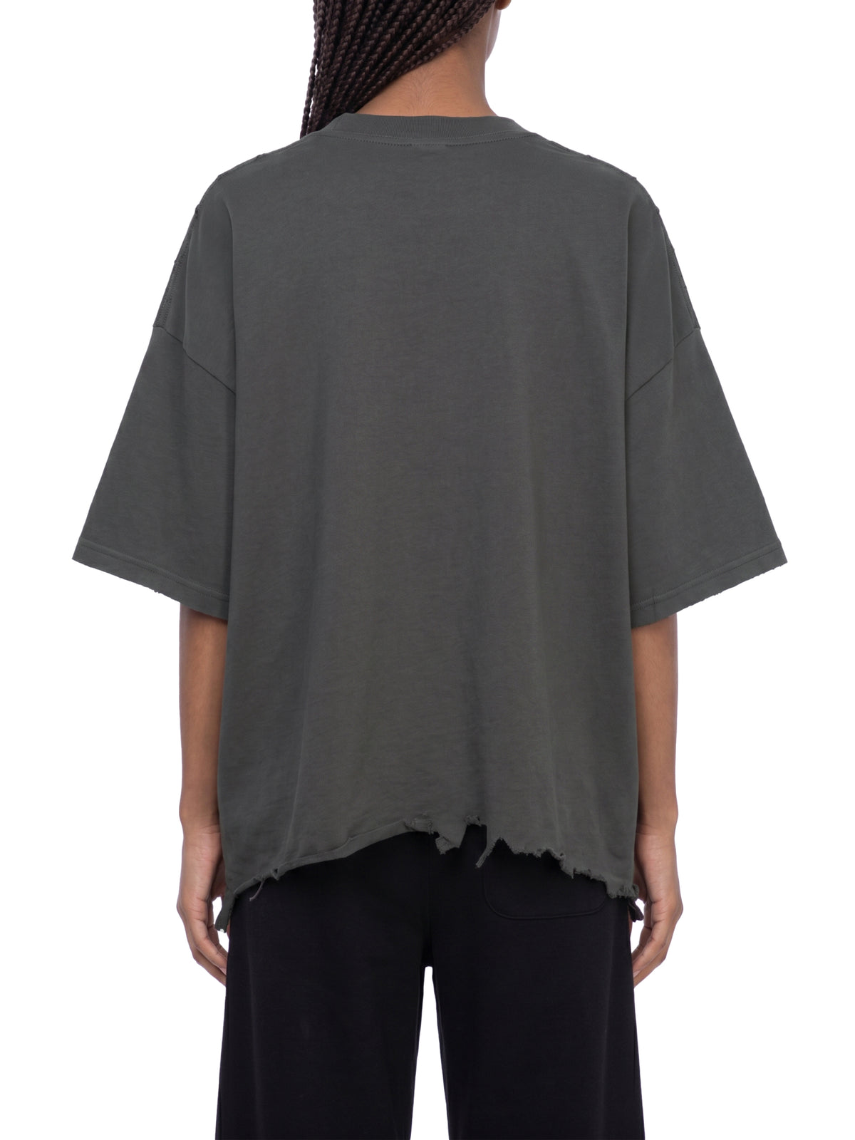 Unisex Vintage Washed Cotton T-Shirt, Boxy Loose Fit, Distressed Raw Hem, Drop Shoulder shown from the back in dark gray with oversized short sleeves and a frayed raw hem