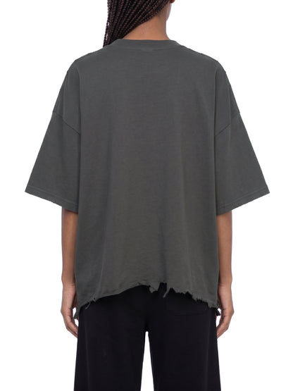 Unisex Vintage Washed Cotton T-Shirt, Boxy Loose Fit, Distressed Raw Hem, Drop Shoulder shown from the back in dark gray with oversized short sleeves and a frayed raw hem
