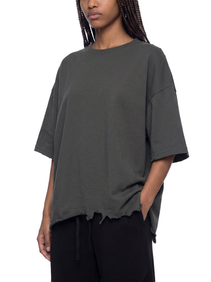 Unisex Vintage Washed Cotton T-Shirt, Boxy Loose Fit, Distressed Raw Hem, Drop Shoulder modeled from the front in dark gray with a relaxed oversized fit