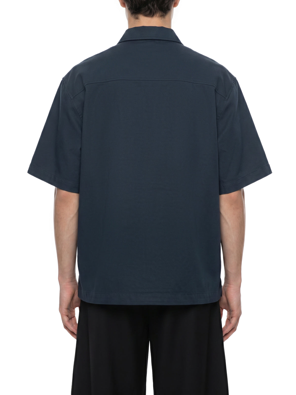 Unisex Resist 100% Cotton Oversized Drop-Shoulder Short Sleeve Shirt With Patch Pocket, dark blue back view showing the relaxed oversized fit